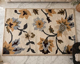 Hand Tufted Floral Wool Rug 8x10, Beige Mustard Blue Flower Carpet, Luxury Wool Area Rug, Hand Carved, New Zealand Wool, Living Room Rug