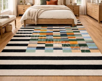 Modern Colorful Geometric Area Rug, Abstract Checkered Wool Rug, Mid Century Modern Living Room Rug, Hand Tufted Bedroom Rug