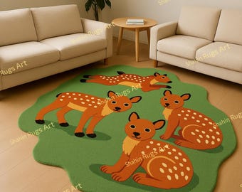 Baby Deer Rug – Hand-Tufted Woodland Animals Carpet – Nursery & Kids Room Decor in Irregular Green Shape,Whimsical Fawn Area Rug ,
