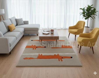 Handmade Fox Rug Scandi Style Orange  Grey Animal Carpet - Hand Tufted Wool Rug for Kids Room and Playroom, Size 5x8 Custom Available,