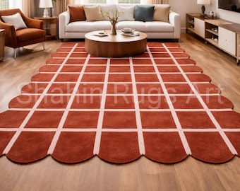 Hand Tufted Wool Rug | Scallop Border Checkered Pattern Runner