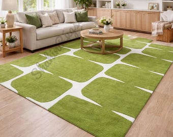Mid Century Modern Green Geometric Area Rug, Retro Abstract Square Pattern Rug, Handmade Tufted Living Room Carpet, Custom Size Available