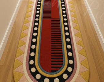 Abstract Oval Runner Rug, Modern Hallway Runners,Hand Tufted Geometric Carpet, Entryway Floor Rug, Designer Carpets, Custom Size Available
