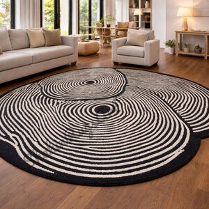 Hand-Tufted Wool Rug – Abstract Black and White Contour Design