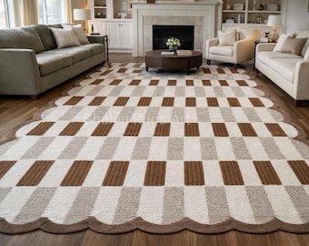 The Heritage Scallop Hand Tufted Neutral Geometric Rug – Modern Beige & Brown Scalloped Edge Area Rug, Contemporary Living Room Carpet,