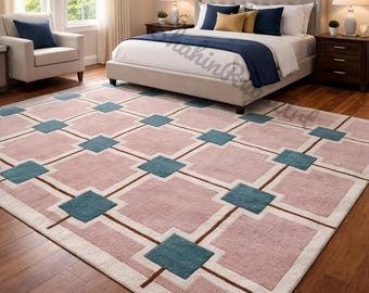 Modern Geometric Pink and Teal Wool Rug - Mid-Century Abstract Square Pattern Carpet -Handmade Contemporary Area Rug for Bedroom,Living Room
