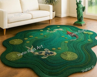 Koi Fish Pond Rug – Hand-Tufted Irregular Green Water Garden Carpet with Lily Pads – Unique Living Room Art Rug Decor, Custom size Available