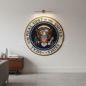 Presidential Seal Wool Rug: Hand Tufted Round Eagle Simble Rugs–Crest Inspired Carpet, Statement Area Rug for Office Home Decor Wall Carpets
