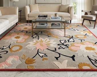 Handmade Floral Wool Rug, Beige & Pink Botanical Area Rug, Custom Size Wool Carpet, Modern Cottagecore Rug, Large Aesthetic Living Room Rug