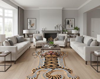 Hand Tufted Tiger Rugs Bold Oriental Tiger Carpet with Vibrant Colors – Fierce Animal Shaped Rug for Bedroom, Living Room Unique Home Decor