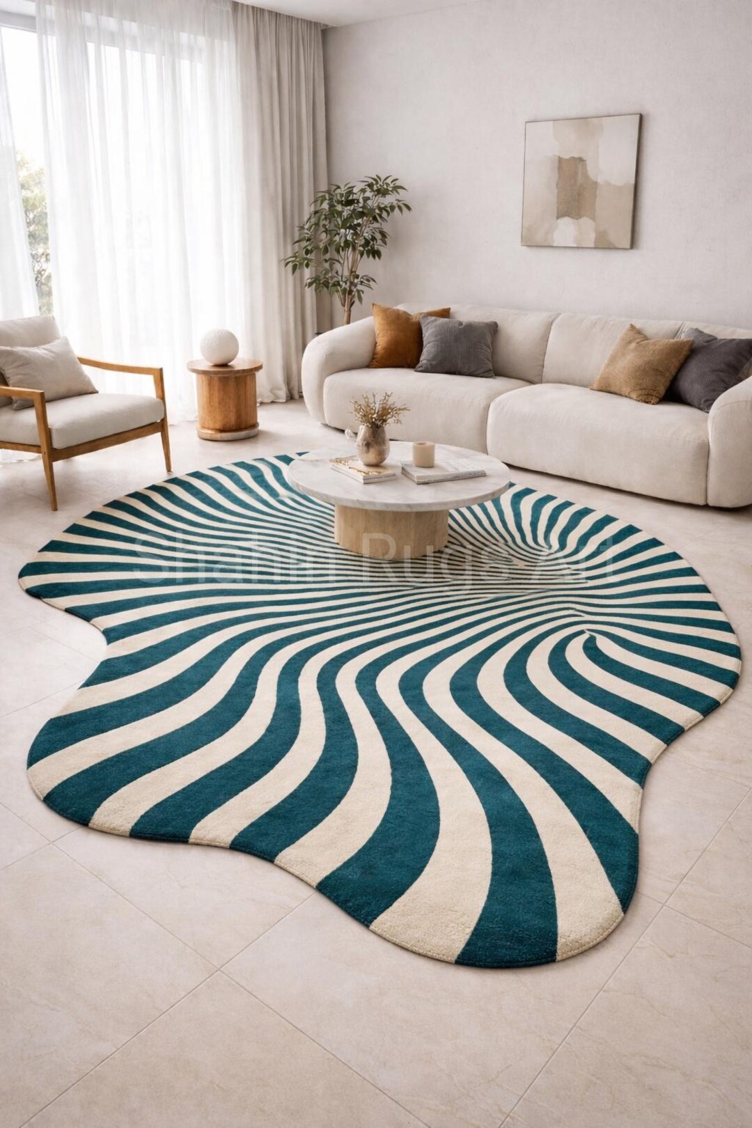 Hand Tufted Abstract Rug, Irregular Shape Modern Area Wavy Pattern ...