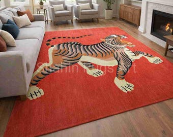Hand Tufted Tiger Rug, Bold Animal Art Area Rug in Red, Modern Statement Wool Rug for Living Room, Bedroom or Studio Decor