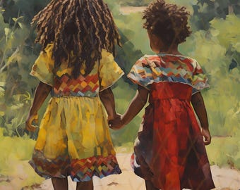 5 graziose stampe di bambini afroamericani, stampe di opere d'arte per bambini neri, decorazioni afro-boho di arte africana nera, stampe su tela con bambini che camminano