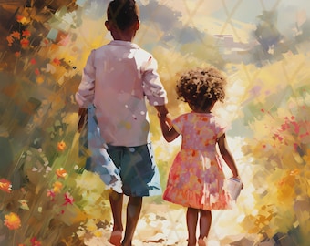 5 graziose stampe di bambini afroamericani, stampe di opere d'arte per bambini neri, decorazioni afro-boho di arte africana nera, stampe su tela con bambini che camminano