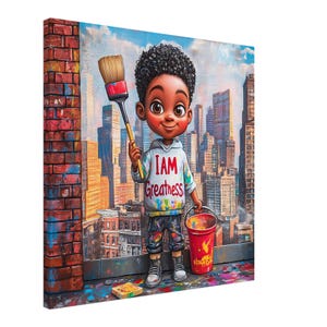 African American Boy Motivational Canvas, Black Boy Motivational Wall Décor, Children Canvas Artwork, Black Boy Graffiti Positive Art