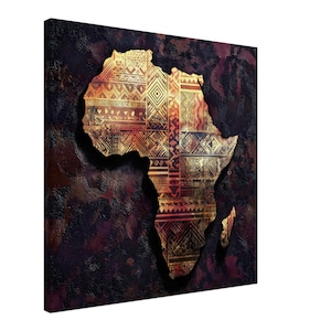 May include: A canvas print of the African continent. The map is gold with intricate patterns and textures, set against a dark, textured background with hints of red and brown. The artwork is displayed at an angle.