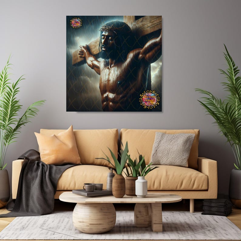 May include: A framed artwork showing a muscular figure on a cross, wearing a crown of thorns. The background is a stormy sky. Decorative floral accents are placed on the artwork. The artwork is displayed above a sofa.