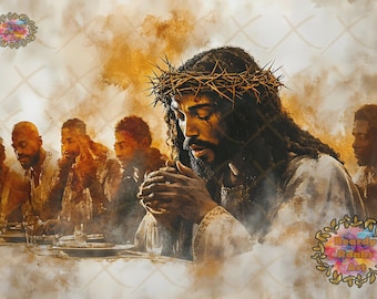 May include: An artistic depiction of the Last Supper, featuring Jesus with a crown of thorns, praying. The painting has a warm, sepia-toned color palette, with soft, diffused lighting. Other figures are seated at a table, creating a scene of solemnity and reflection.
