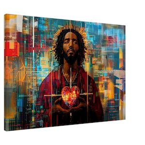 African American Jesus Sacred Heart Canvas Wall Art, Afrocentric Christian Wall Decor, Vibrant Religious Canvas Art for Home, Black Art