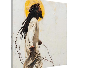 May include: An artistic canvas print depicts a person with dreadlocks wearing a crown of thorns and a white robe, walking with a barbed wire. A yellow halo is behind the person's head, set against a textured white background.