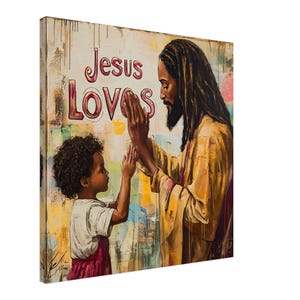 Black Jesus Loves Canvas Wall Art, Religious Wall Art, Christian Wall Artwork, African American Christ, Black Christian Art, Afrocentric Art