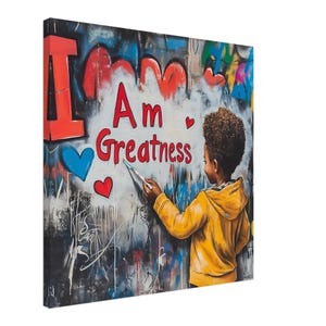 African American Boy Motivational Canvas, Black Boy Motivational Wall Décor, Children Canvas Artwork, Black Boy Graffiti Positive Art