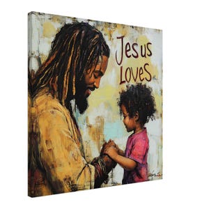 Black Jesus Loves Canvas Wall Art, Religious Wall Art, Christian Wall Artwork, African American Christ, Black Christian Art, Afrocentric Art