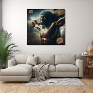 May include: A large canvas print showing a muscular figure bearing a wooden cross, wearing a crown of thorns. The artwork is set against a stormy backdrop, with rain and dramatic lighting. The print is displayed on a wall above a beige sofa.