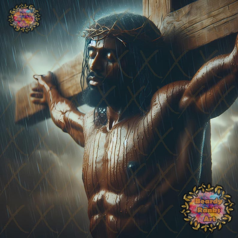 May include: Digital artwork of a man with dark hair, a beard, and a crown of thorns, bearing a wooden cross. The scene is set in a storm with rain, and the man's body glistens. The image has a religious theme.