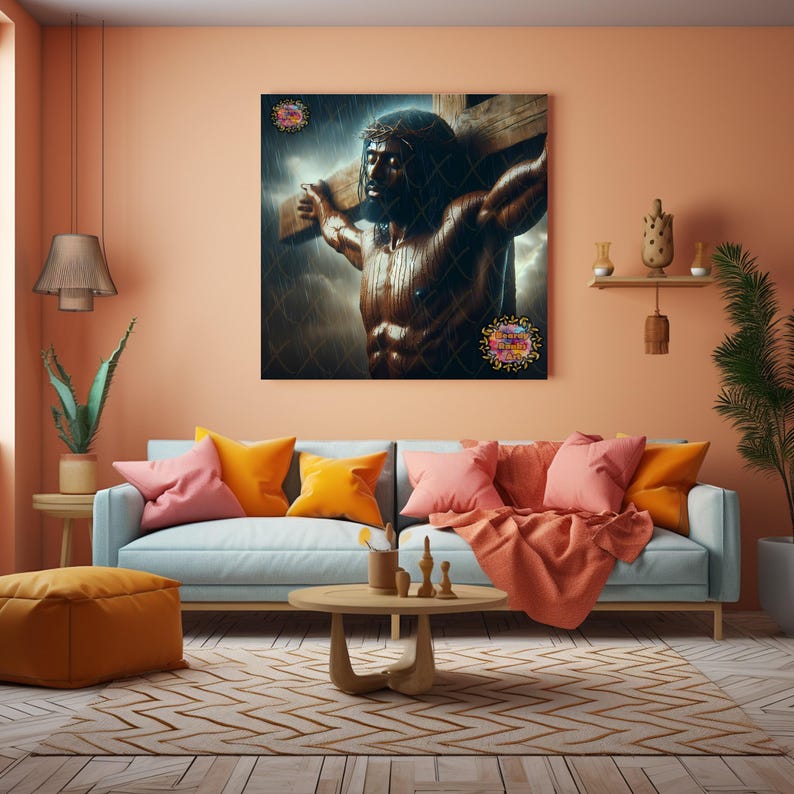 May include: A large framed canvas art piece depicting a muscular figure on a cross, set against a stormy backdrop. The artwork is the focal point of a living room with a light blue sofa, colourful cushions, and a wooden coffee table. The room has a warm, inviting atmosphere.