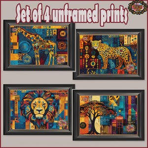 4 Colorful African Art Print, Afrocentric Wall Decor, Vibrant Abstract African Prints, African Safari Wall Art,  Black Art, African Lion Art