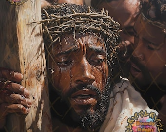 May include: A detailed painting depicts a man with a crown of thorns, bloodied and distressed, holding a wooden cross. Other figures surround him, conveying a scene of suffering and struggle. The artwork is rich in detail and emotion.