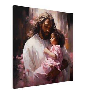 Black Jesus Hugging A Little Child Canvas Wall Art, Black Christian Artwork, African American Jesus Picture, Dark Skin Jesus Wall Canvas Art