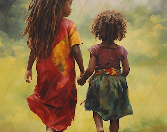 5 graziose stampe di bambini africani, stampe di opere d'arte di bambini neri, decorazioni afro-boho di arte africana nera, stampe su tela di bambini neri che camminano