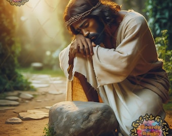 Black Jesus Praying Before Arrest Prints, Christian Wall Decor, Brown Skin Jesus Praying, African American Jesus Prints, Dark Skin Jesus Art