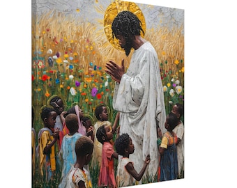 May include: An artistic canvas print depicts a Black figure in a white robe with a gold halo, surrounded by children in a field of flowers. The artwork has a textured, painterly style, with vibrant colors and a spiritual theme.