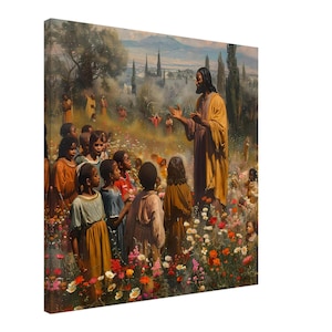 Schwarzer Jesus lehrt mit Kindern Leinwandwandkunst, Afroamerikaner christliches Dekor, afrozentrische religiöse Wandkunst, spirituelle Wohnkultur,