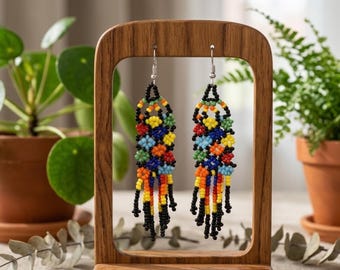 Handmade Colorful Beaded Fringe Earrings | Boho Tribal Dangle Earrings | Multicolor Statement Jewelry