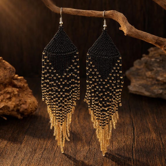 Black Gold Beaded Fringe Earrings Party Jewellery Gift for Her Holiday Gifts