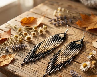 Handgemaakte zwartbeige kralen boho franje oorbellen lange kraal hangoorbellen sieraden voor vrouwen