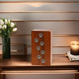 Paw Prints Pet Cremation Urn – Wooden Memorial Urn with Engraved Trail Design | Tribute for Dogs, Cats & Beloved Animal Companions