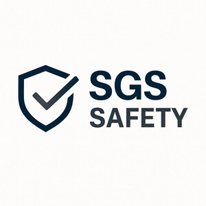 May include: A navy blue shield icon with a checkmark inside, next to the words "SGS SAFETY" in dark blue. The image is on a white background. The shield and checkmark are in a dark blue color.