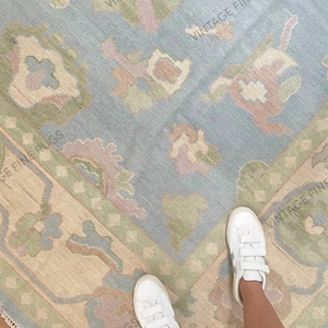 Hand Knotted Oushak Rug Blue and Green Turkish Wool Area Rug with Pastel Accents Traditional Oriental Style Living Room Rug Bedroom Handmade