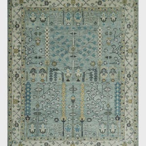 Hand Knotted Traditional Blue and Ivory Antique Oushak Custom Made Wool Area Rug Vintage Style Carpet Persian-Inspired Area Rug 5x8 to 12x15
