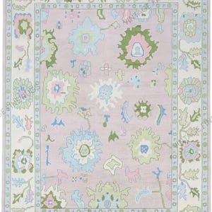 Pink and Pastel Green Oushak Rug | Handwoven Wool Carpet with Light Blue Accents and Floral Motifs | Soft Oriental Area Rug for Bedroom Rug
