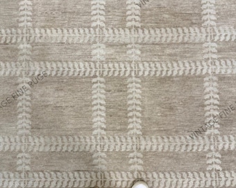 Hand Knotted Modern Wool Area Rug – Handmade Beige & Ivory Geometric Rug Minimalist for Living Room, Bedroom Contemporary Home Décor Rug
