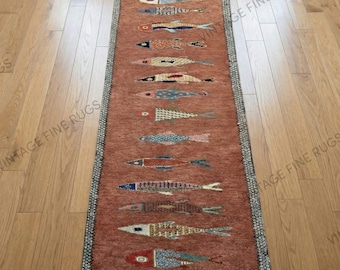 Koi Fish Runner Rug: Rust / Green Fish Hand Knotted Wool Coastal Hallway Piece with Artisan Fish Illustrations, Long Gallery Rug , Fish Rug.