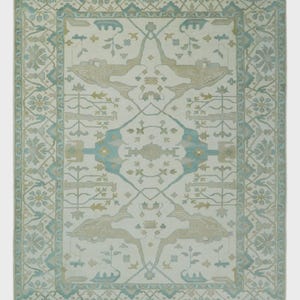 Custom Made Hand Knotted Oriental Oushak Ivory and Light Blue Wool Area Rug Living Room and Bedroom Rug Large Area  Rug