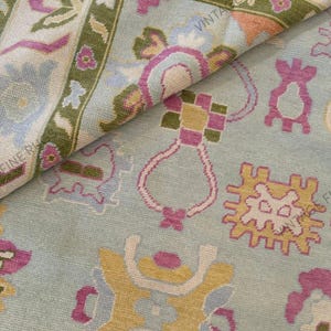 Hand Knotted Wool Rug Colorful Oushak Carpet Turkish Oriental Traditional Large Area Rug Pastel Green Pink Blue Accents Living Room Decor