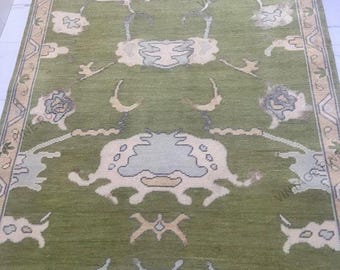 Handgeknüpfter Oushak Teppichläufer | Olivgrüner türkischer Wollteppich | Vintage Inspirierter Geometrischer Orientteppich | Langer Eingangsbereich Teppich